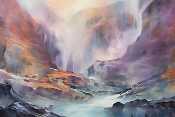 ethereal valley beside rocky outcrop. abstract landscape art, painting background, wallpaper