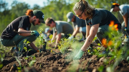Young diverse people commit to planting Urban Forests campaign initiative on carbon capture atmosphere, volunteer students join together planting trees in a National park concerned global warming