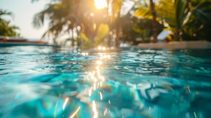 Blurred view of a tropical pool with reflections of sunlight and lush palm trees, evoking a sense of tranquility and luxury. Concept of relaxation, luxury, and tropical escape.
