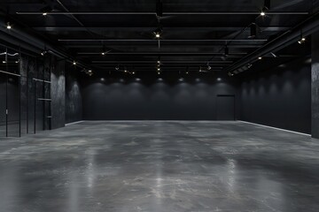 empty retail shop, modern lights, concrete floor, black flat wall and ceiling