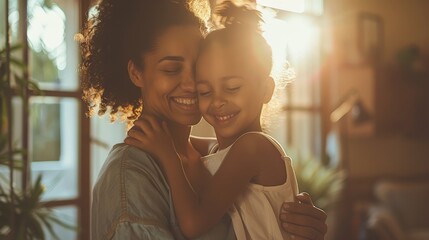 Mother's Day photo shoot of African American mother in her 35s and daughter dancing together with love bonding relationship at home, laughing joyful carefree lifestyle, female and kid girl in family