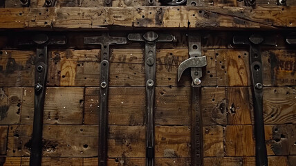 A collection of old tools are hanging on a wooden wall