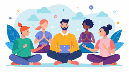 A teambuilding event for a company includes a group meditative drawing activity fostering collaboration and stress relief a colleagues.. Vector illustration