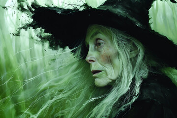 portrait of an old scary and ugly green witch with hat in a foggy background, fairy tale character