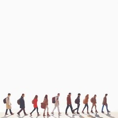 people walking through sidewalk, white background