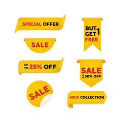 Price tags vector illustration. Sale ribbon isolated on white background. New collection offers. Price, buy one get 1, discount, sale offer vector design.
