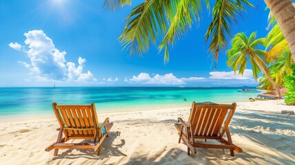 Two wooden lounge chairs under palm trees on tropical beach, turquoise sea and blue sky, perfect paradise vacation travel background.