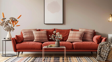 Interior design of cozy living room with stylish sofa, coffee table, dired flowers in vase, mock up poster, carpet, decoration, pillows, plaid and personal accessories in modern home decor. Template