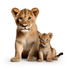 Lion cub with lioness isolated on white background
