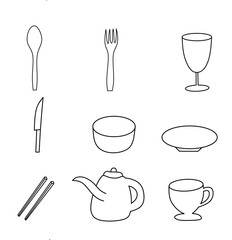 Vector Eating and Drinking Equipment. There are spoons, forks, glasses, knives, bowls, plates, chopsticks and teapots