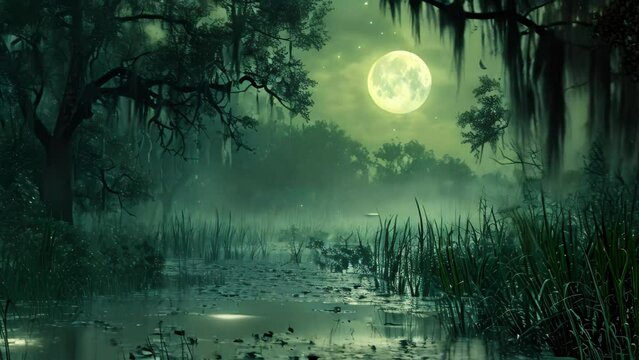 A stunning photograph of a swamp with a full moon in the background, A mystical swamp bathed in moonlight