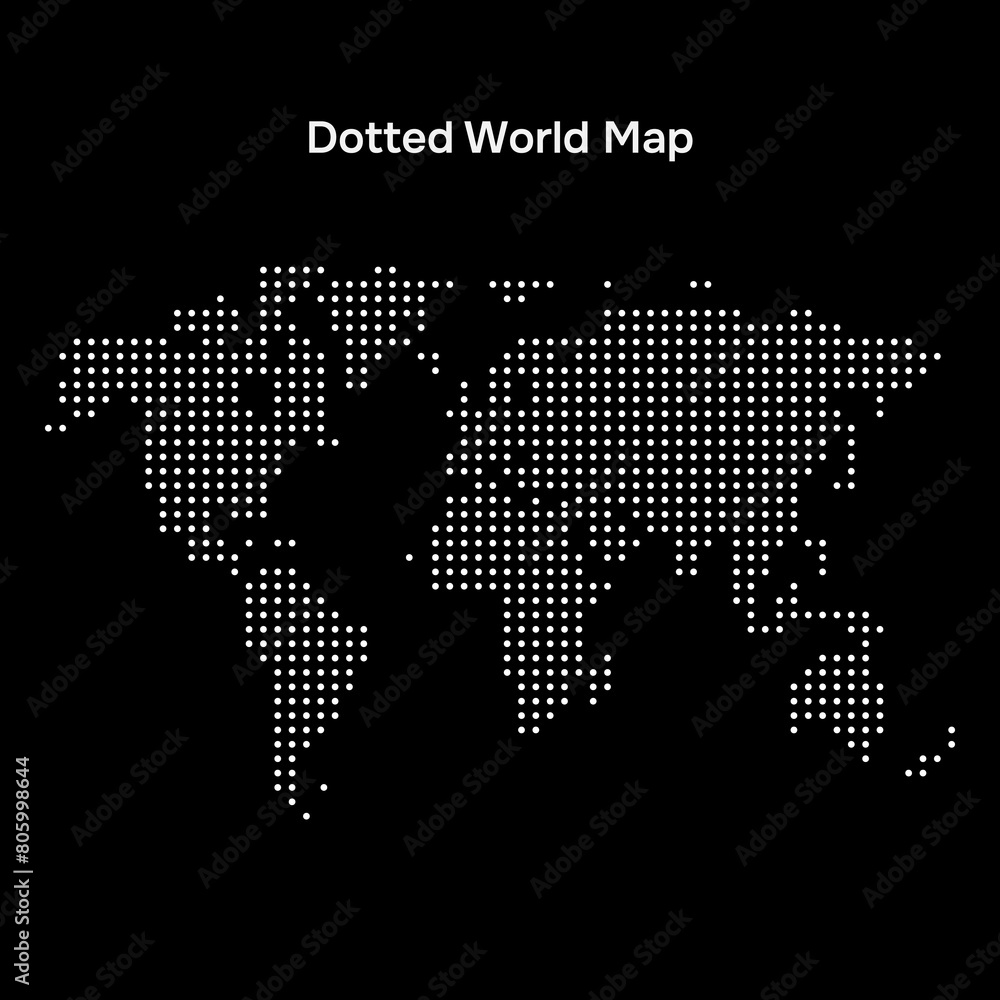 Poster dotted world map on dark black background. global map with dots