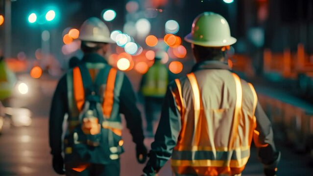 Two construction workers wearing safety gear walking down a city street late at night, A night scene of construction workers wearing glow-in-the-dark safety vests