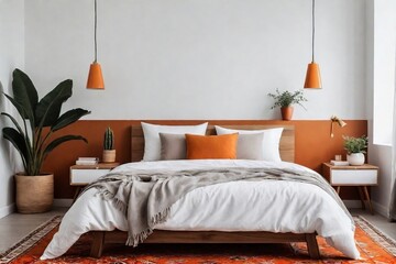 Minimalist bedroom interior design with white and orange bed, bedside table, decorative plants, and stylish lamp against the white wall. Bright and Warm Bedroom Concept.