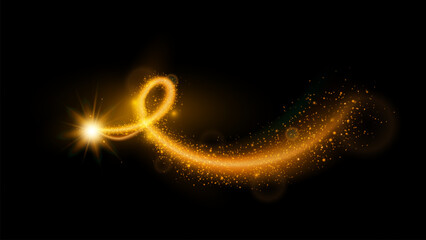 Realistic magic wand orange light swirl effects isolated on black background. © King Designz