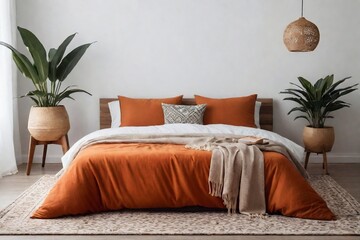 Minimalist bedroom interior design with white and orange bed, bedside table, decorative plants, and stylish lamp against the white wall. Bright and Warm Bedroom Concept.