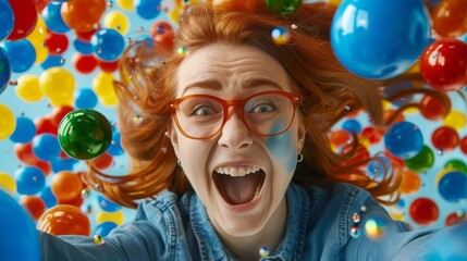 Joyful woman surrounded by colorful balloons in motion, expressing happiness and celebration, Concept of joy and festivity

