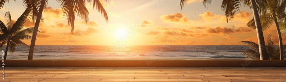 Sticker a beautiful sunset over the ocean with palm trees in the background. the sky is a orange, creating a