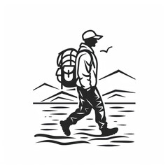 walking backpacker logo design black line art
