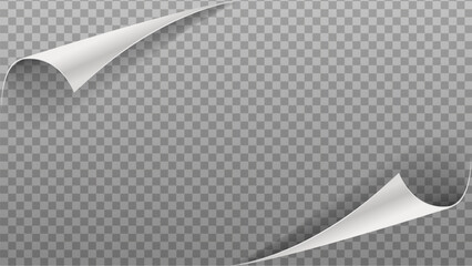 Curly paper page corners, paper sheet turn flips and curls, sticker fold edges vector with transparent background.