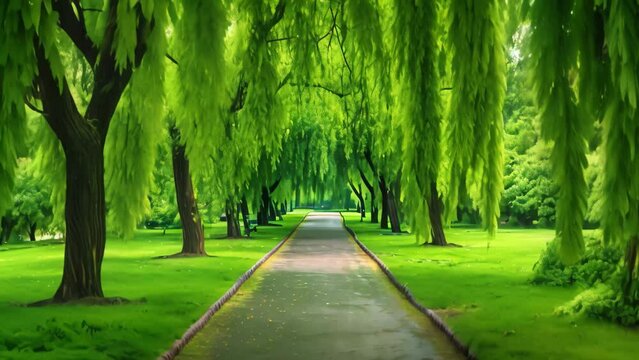 A clear pathway winding through a dense forest of towering trees, with lush green grass on either side, A pathway enveloped by weeping willow trees in a park