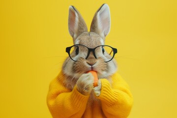 Rabbit wears glasses and eats carrots on pastel background.