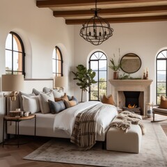 master bedroom old world style, contemporary twist, arched architecture 