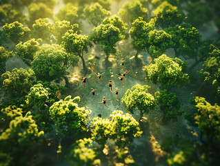Capture the essence of environmental conservation through a high-angle view, showcasing a lush forest scene with dancers in ballet poses among the trees