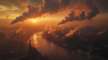 Fototapeta premium industry metallurgical plant dawn smoke smog emissions bad ecology aerial photography.Greenhouse gas emissions. Pollution of factories. Dirty air over the city. Negative impact on human health,polluti