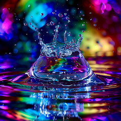 A spectacular crown splash of clear liquid against a backdrop of colorful bokeh lights, showcasing motion and color interplay.
