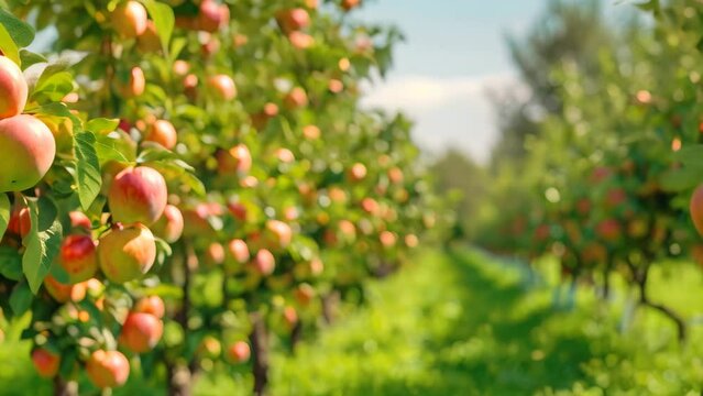 A line of ripe peaches hangs from a tree in a serene orchard, ready to be picked, A picture-perfect orchard brimming with ripe and juicy fruit under a clear sky