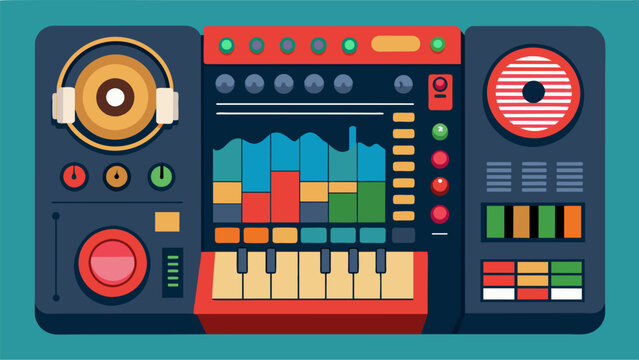 An interactive sound mixing board allowing visitors to remix popular songs from different genres and time periods. Vector illustration
