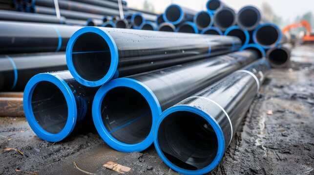 PE pipe plant, Industrial PE pipes with blue line for gas and water. HDPE pipe, Polyethylene PE100 pipe. Polyethylene pipe plant