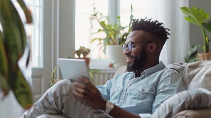 Relaxed smiling african american man holding digital tablet computer using apps sitting on couch at home. Black guy remote learning, social distance working, ordering buying online or reading e book.