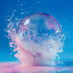 Bubble Bursting with Dynamic Water Splash on Blue
