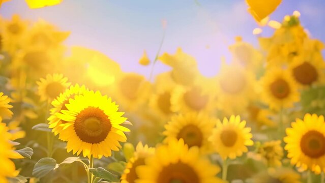 A vibrant field of sunflowers bathed in the warm glow of the setting sun, A playful sea of sunflowers dancing in the sun-kissed breeze at golden hour