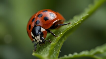 Fototapeta premium Macro photograph ya vibrant red ladybug adorned with.generative.ai