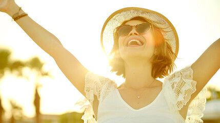 A joyful woman celebrating summer outdoors with her arms raised, basking in the warm glow of the sunset.

