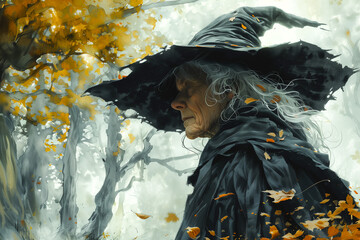 portrait of an old scary and ugly witch with hat in a foggy background, fairy tale character, children's book illustration