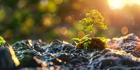 Panorama small tree growing with sunrise green world and earth day concept.