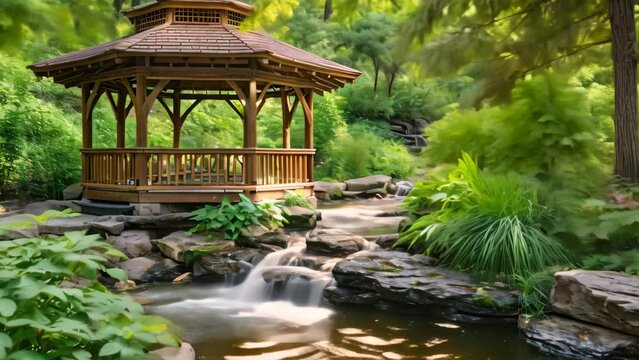Rustic Gazebo Adjacent to a Small Stream in a Forest, A private gazebo nestled by the side of a calming stream in a lush forest