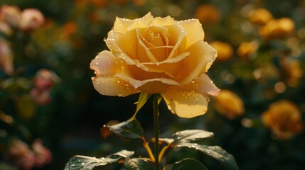 yellow rose with water droplets photographed close-up with bokeh, macro photography, can be used for design