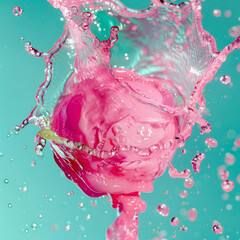 A vibrant explosion of pink liquid against a turquoise background, captured in high-speed photography for a dramatic effect
