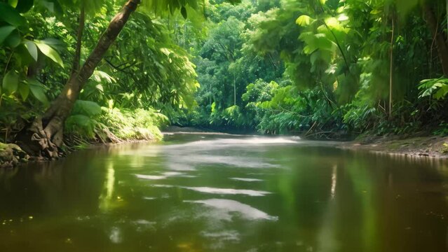 A clear river flows steadily amidst a dense, lush green forest, creating a serene and captivating scene, A quiet river meandering through a thick rainforest