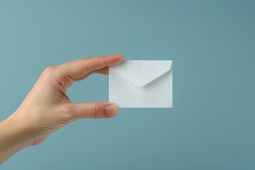 a hand holding a letter on a blue background