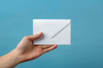 a hand holding a letter on a blue background