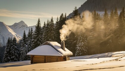 Winter Retreat: Cozy Cabin in a Snowy Mountain Landscape"