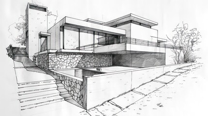 villa architecture outline hand sketch