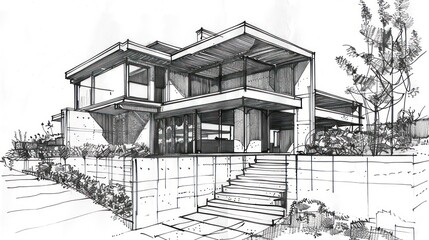 villa architecture outline hand sketch