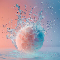 A creative depiction of cotton candy exploding in a water splash, set against a multi-hued background